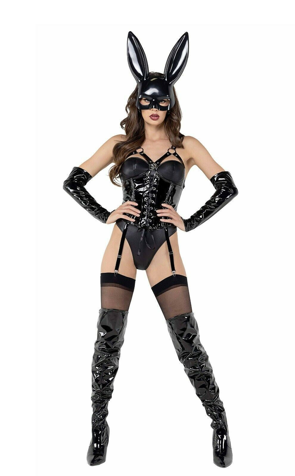 Roma Sexy Playboy Dominatrix Bunny Black Vinyl Bodysuit 4pc Costume PB116