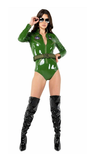 Roma Sexy Playboy Top Pilot Green Vinyl Bodysuit Costume PB122