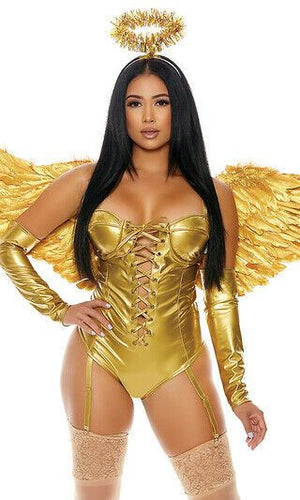 Sexy Forplay Heaven Sent Angel Metallic Gold Lace-Up Bodysuit Costume 551565