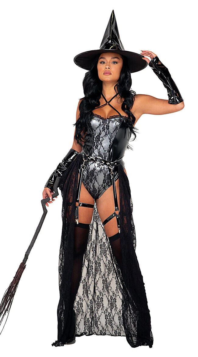 Roma Bewitching Beauty Witch Silver Wetlook Bodysuit Costume 5075