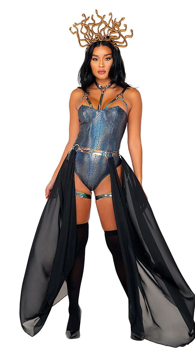 Roma Sensual Serpent Medusa Queen Silver Reptile Print Costume 5085