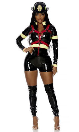 Sexy Forplay Keep It Lit Firefighter Black Vinyl Romper Costume 552940