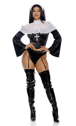 Sexy Forplay Best Behavior Nun Black Satin 4pc Costume 553130