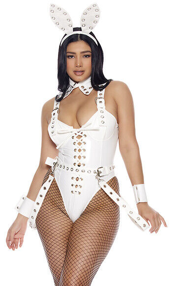 Sexy Forplay Stud Me Out Bunny White Bodysuit w/ Grommets 5pc Costume 553238