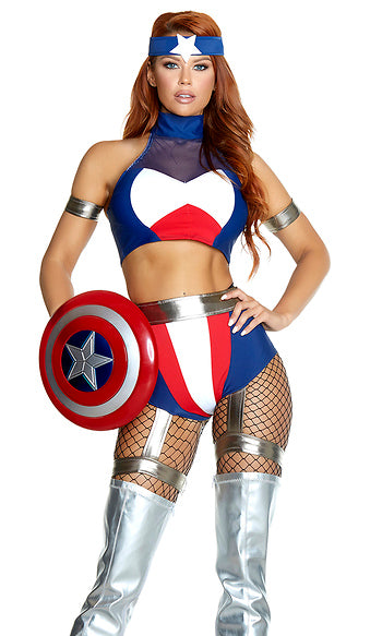 Sexy Forplay Super Soldier Comic Hero Captain America Red White Blue Costume
